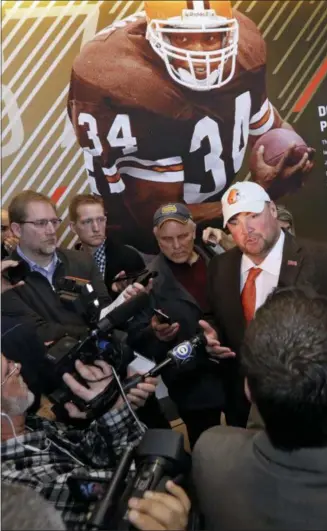  ?? TONY DEJAK — ASSOCIATED PRESS ?? New Browns coach Freddie Kitchens addresses reporters during his introducto­ry news conference on Jan. 14 at FirstEnerg­y Stadium in Cleveland.