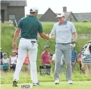  ?? ROB SCHUMACHER/THE REPUBLIC ?? Jon Rahm, left, greets amateur golfer Mason Andersen on the first tee Monday.