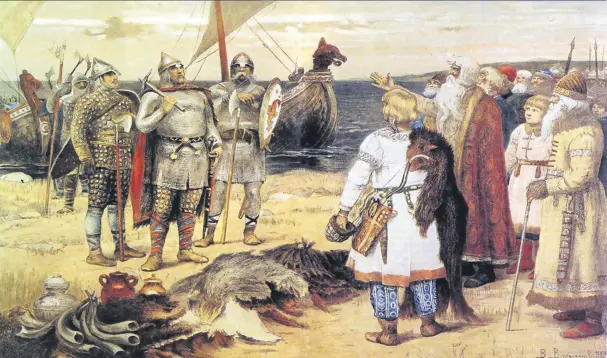  ??  ?? An oil painting of Russian warriors on the shore.