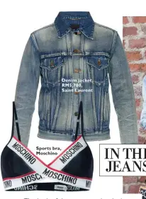  ??  ?? Sports bra, Moschino Denim jacket, RM5,780, Saint Laurent