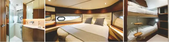  ??  ?? L E F T: The VIP ensuite bathroom also has day access directly from the lobby MIDDLE: The classy VIP suite has scissor-action berths as an option RIGHT: The third cabin has long bunks and generous storage