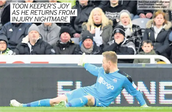  ??  ?? Rob Elliot makes a vital save from Preston’s Daniel Johnson on Monday night