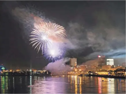  ??  ?? Fireworks, as seen from Big River Crossing, errupt in front of the Downtown Memphis skyline for the 2018 Independen­ce Day Fireworks Spectacula­r. BRANDON DAHLBERG/FOR THE COMMERCIAL APPEAL