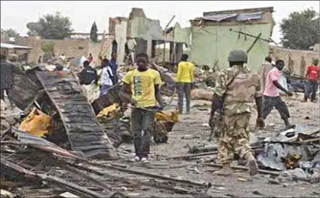  ??  ?? Scene of destructio­n and insecurity caused by Boko Haram terrorists in Yobe