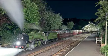  ?? JASON CROSS ?? Above: Green Goddess prepares to depart Hythe with the 10.25pm to New Romney on May 14.