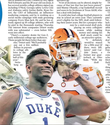  ?? N.Y. Post photo illustrati­on; Getty Images (2) ?? PAYDAY: College athletes are poised to cash in starting Thursday, when the NCAA’s rules surroundin­g players profiting off their images are changed. Star college players — like Clemson’s Trevor Lawrence or Duke’s Zion Williamson were in recent seasons before turning pro — could earn into the seven figures.