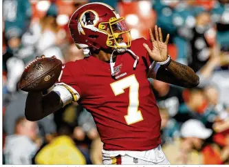  ?? PATRICK SEMANSKY / AP ?? Washington Redskins quarterbac­k Dwayne Haskins warms up before an NFL football game last season in Landover, Maryland. After announcing it will drop its nickname and logo, one of the oldest and most storied teams in the National Football League will start the search for a new name.