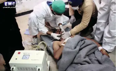  ?? PICTURE: AP ?? CASUALTY: This frame grab from a video provided by Syrian anti-government group Edlib Media Centre shows a victim of a suspected chemical attack being treated at a makeshift hospital in Khan Sheikhoun town, northern Idlib province, Syria.