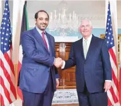  ?? — KUNA ?? WASHINGTON: Kuwaiti Minister of State for Cabinet Affairs and Acting Minister of Informatio­n Sheikh Mohammad Al-Abdullah Al-Sabah meets US Secretary of State Rex Tillerson on Tuesday.