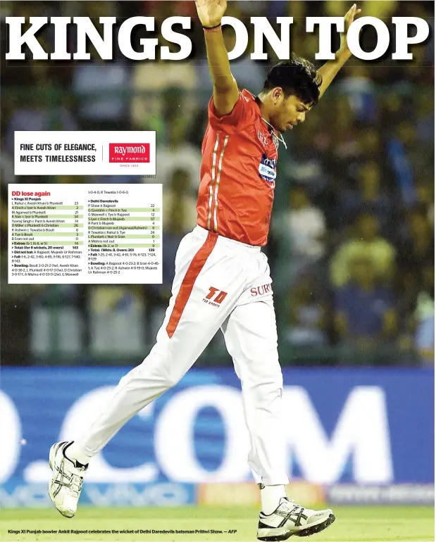  ?? AFP ?? Kings XI Punjab bowler Ankit Rajpoot celebrates the wicket of Delhi Daredevils batsman Prithvi Shaw. —