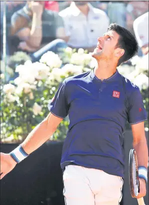  ?? REUTERS ?? Novak Djokovic looks to the heavens during the Rome Masters final against Alexander Zverev on Sunday. German Zverev stunned Serbia’s world No 2 6-4, 6-3.