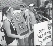  ?? NWA Democrat-Gazette/ANDY SHUPE ?? Members of the Bentonvill­e West girls tennis team celebrate Tuesday with their team trophy, the school’s first of any kind, during the Class 6A state tennis championsh­ip at Har-Ber High School in Springdale.
