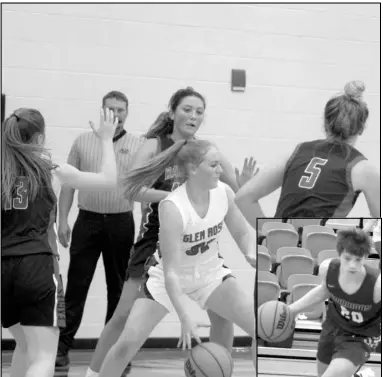  ?? ?? Photos by Gerren Smith Pictured above, Glen Rose’s Sydney Riggan doesn’t let the tough defense of several Baptist Prep Lady Eagles stop her from making a productive move in the paint area.