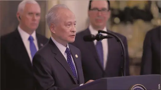  ??  ?? Cui Tiankai, l’ambassadeu­r à Washington, vient de rappeler que la civilisati­on chinoise existait depuis 5 000 ans, depuis bien plus longtemps donc que celle des États-Unis, et
qu’elle était un processus continu.