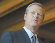  ?? STAFF PHOTO BY PATRICK WHITTEMORE ?? NOT FLOATING HIS BOAT: Gov. Charlie Baker says he wants taxpayers getting fair compensati­on from private yacht clubs on public property.