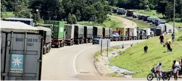  ??  ?? Trucks wait to enter Uganda at the Malaba border. The Ugandan government on May 23, 2020 blocked 38 truck drivers who tested positive at different points of entry.