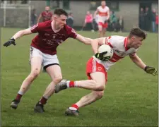  ??  ?? Kilanerin midfielder Niall Hughes wheels away from his Castletown opponent, Stephen Moloney.