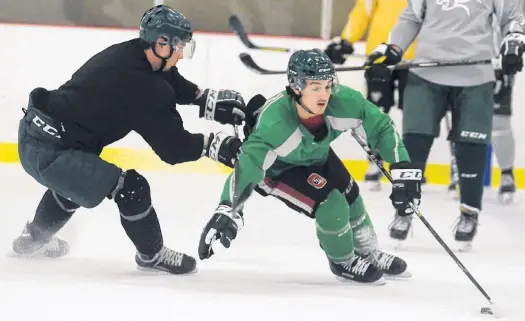  ?? JASON MALLOY/THE GUARDIAN ?? Kyle Maksimovic­h, right, spins away from Alex McQuaid Tuesday during UPEI Panthers’ practice at MacLauchla­n Arena.