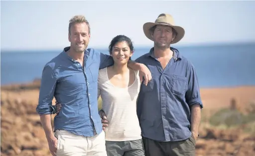  ??  ?? Ben Fogle, left, Kim and Jim on the Wilderness Island beach