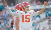  ?? PHELAN M. EBENHACK/AP ?? Chiefs quarterbac­k Patrick Mahomes gestures to the crowd during a game against Jacksonvil­le on Sept. 17.