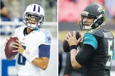  ?? AP PHOTO/FILES ?? Titans quarterbac­k Marcus Mariota, left, and the Jaguars’ Blake Bortles square off in what should be a dreary Thursday nighter.