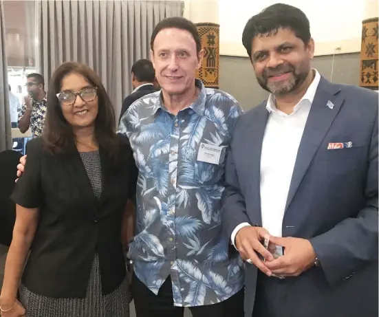  ?? Photo: Charles Chambers ?? Attorney - General and Minister for Economy Aiyaz Sayed-Khaiyum with Fiji Airways managing director and chief executive officer Andre Viljoen and executive general manager, customer experience, customer affairs and FijiLink Shaenaz Voss at the Tanoa Internatio­nal Hotel in Nadi on August 7, 2020.