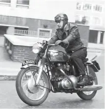  ?? Mortons’ Motorcycle Archive photo. ?? There wasn’t much style about the writer’s ‘riding apparel’ when, after turning up at work in his ordinary office clothes towards the end of 1965, he was asked to do a few run-pasts at the back of Red Lion Court on this 750cc Matchless G15 CSR because the photograph­er had not been able to add a proper riding shot when he took all the static pictures.