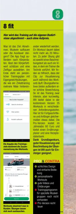  ??  ?? Die Angabe des Trainingsz­iels bestimmt die Zusammense­tzung des Workouts. Workouts absolviert man in Runden. Übungen lassen sich auch austausche­n.