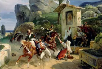  ??  ?? Uno scontro tra briganti e soldati in un dipinto realizzato dal francese Horace Vernet durante il suo soggiorno in Italia