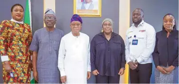  ?? ?? L-R: Regional Sales Manager, Northern Nigeria, Ladi Doy; Permanent Secretary, Federal Ministry of Transporta­tion/Marine and Blue Economy, Olufemi Michael Oloruntola; Minister of Marine and Blue Economy, Adegboyega Oyetola; Managing Director, CFAO Yamaha Motor Nigeria Limited, Sylvia Jones Omleyin; Business Head, Marine, Alademodi Adeola; and Head of Marketing, CFAO Mobility, Funmi Abiola .... when the Yamaha team paid a courtesy visit to the Minister of Marine and Blue Economy, in Abuja... recently