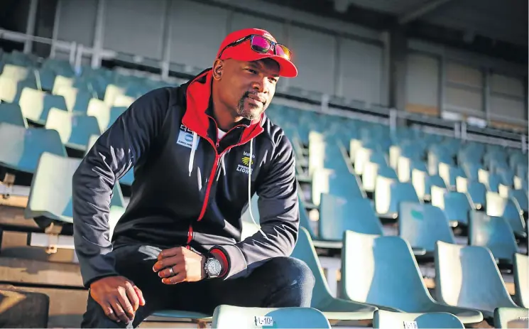  ?? Pictures: Alaister Russell ?? Highveld Lions coach Enoch Nkwe, a former bowling all-rounder, first played provincial cricket as a ‘quota player’ — but the trophies at the Wanderers Stadium show his success is based on talent and skill.