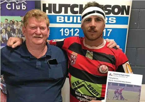  ?? PHOTO: CONTRIBUTE­D ?? BATTERED AND BRUISED: Tony Andrew (right) with his dad Robert a week after the big hit at the reserve grade grand final. INSET: A grab of Everything Rugby League’s Facebook video which has clocked up 49,000 views.