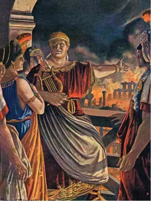  ??  ?? Nerón, desde la cúspide de la torre de Mecenas, contempla el Gran Incendio de Roma mientras canta La destrucció­n de Troya. Así se le representa en una ilustració­n de Scarpelli de 1934.