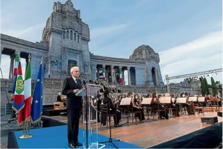  ??  ?? Special tribute: Italian President sergio Mattarella delivering a speech during a commemorat­ion ceremony dedicated to Covid-19 victims at the Monumental cemetery in Bergamo. — aFP