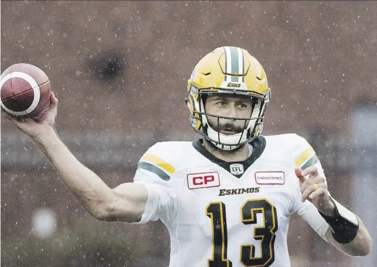  ?? GRAHAM HUGHES/THE CANADIAN PRESS ?? Eskimos quarterbac­k Mike Reilly, the CFL’s most outstandin­g player in 2017, is also one of five Edmonton players named to the league’s all-star team.