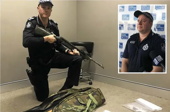  ?? Photo: Tara Miko ?? BUSTED: Acting Sergeant Scott Hill explains some of the items, including two rifles, seized during raids in Toowoomba and the Lockyer Valley. INSET: Toowoomba Tactical Crime Squad Officer-in-Charge Senior Sergeant Matt Howard.
