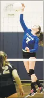  ?? Scott Mullin / For Hearst Connecticu­t Media ?? Newtown’s Natalie Horn slams a shot during the Nighthawks’ 3-1 loss to Joel Barlow in the SWC championsh­ip Saturday.