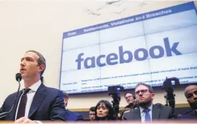  ??  ?? Facebook CEO Mark Zuckerberg testifies on Capitol Hill in 2019. Facebook’s decision to block news in Australia in protest of a proposed law may backfire.