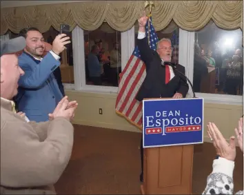  ?? H John Voorhees III / Hearst Connecticu­t Media ?? After winning the vote to become mayor of Danbury, Dean Esposito speaks to the crowd gathered at the Amerigo Vespucci Lodge on election night.