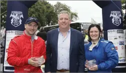  ??  ?? Winners of the McGowan Landscapes award for fastest Connacht Motor Club crew, Jason Currid and Sharon Clarke with Roger McGowan.