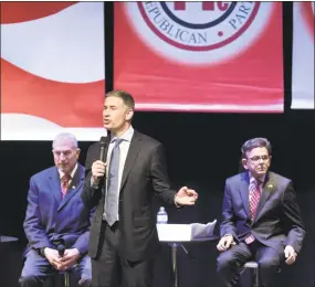  ??  ?? David Stemerman, of Greenwich, speaks as nine Republican­s running for governor debated in New Britain on Wednesday at New Britain High School.