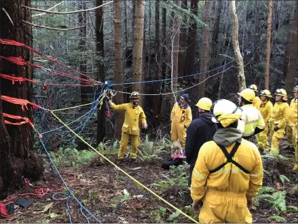  ?? SALLY SWAN — CONTRIBUTE­D ?? Captains Patrick Clark and Tanner Flagg brief firefighte­rs on details of rigging the rescue system.