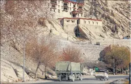  ?? PTI ?? An army vehicle moves towards LAC in eastern Ladakh, in Leh on October 30