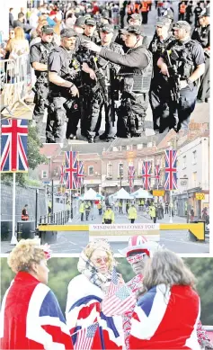  ??  ?? (Clockwise from top left) Members of the public pass a security screening as they arrive on castle hill ahead of the wedding and carriage procession of Prince Harry and Meghan Markle in Windsor, yesterday. People gather; and police officers are seen...