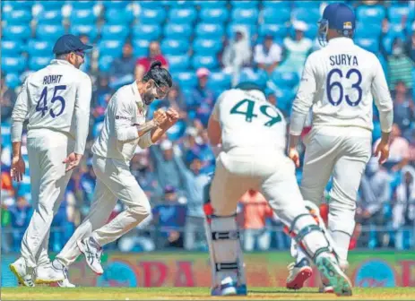  ?? BCCI ?? Ravindra Jadeja celebrates the wicket of Australia’s Steve Smith during Day 1 of the first Test at the Vidarbha Cricket Associatio­n Stadium in Nagpur on Thursday.