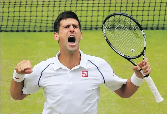  ?? JONATHAN BRADY/POOL PHOTO VIA THE ASSOCIATED PRESS ?? Novak Djokovic of Serbia celebrates after beating Roger Federer for the 2015 Wimbledon men’s title Sunday. Djokovic won the match 7-6, 6-7, 6-4, 6-3, again showing his ability to solve Federer’s often-dominating serves.