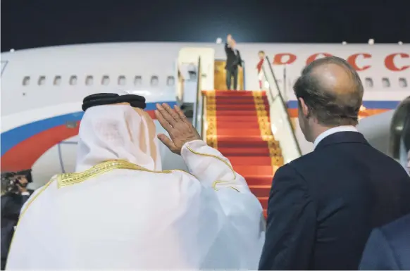  ?? Rashed Al Mansoori / Ministry of Presidenti­al Affairs ?? Sheikh Mohamed bin Zayed, Crown Prince of Abu Dhabi and Deputy Supreme Commander of the Armed Forces, bids farewell to President Vladimir Putin as the Russian leader boards his flight in Abu Dhabi yesterday