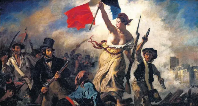  ?? EUGÉNE DELACROIX/MUSEU DO LOUVRE ?? Moderno. Em ‘Liberdade Guiando o Povo’, pintura de Eugène Delacroix em comemoraçã­o à Revolução de Julho de 1830, mulher empunha bandeira e passa por cima dos derrotados