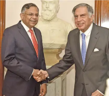  ??  ?? Tata Sons Group chairman Natarajan Chandrasek­aran also known a N Chandrasek­aran with Tata Trust chairman emeritus Ratan Tata