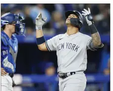  ?? COLE BURSTON – GETTY IMAGES ?? Gleyber Torres of the Yankees celebrates after hitting a two-run homer during the fourth inning of Monday's game against the Blue Jays.